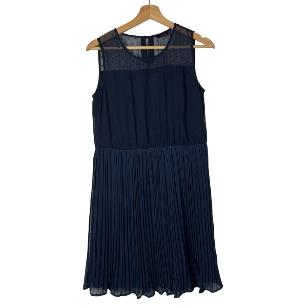 Boutique Clovis Navy Blue Swiss Dot Pleated Bottom‎ Knee Length Dress 10